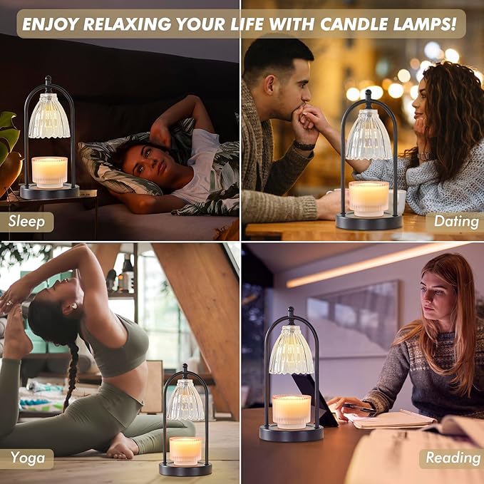 GyroVu Candle Warmer Lamp with Timer, 3-Level Dimmable Candle Lamps Vintage Glass Shade, Candle Warmer Light Wax Melt Warmer for Scented Wax, Black Warmer Lamp for Women Home Decor (2 Bulbs Included)