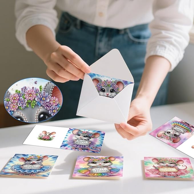 DoxQcs 5D Diamond Art Painting Greeting Cards Kit, DIY Cards for Blessings Congratulations Gifts, Greeting Card Set for Birthday Thanksgiving Day Christmas Halloween-Mouse