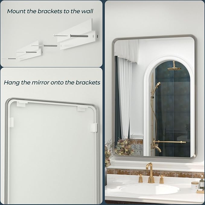 OKPAL 22 x 30 Brushed Nickel Bathroom Vanity Mirror, Rounded Rectangle Silver Bathroom Mirror, Brushed Silver Framed Farmhouse Mirror, HD Anti-Rust Wall Mirror(Horizontal/Vertical)