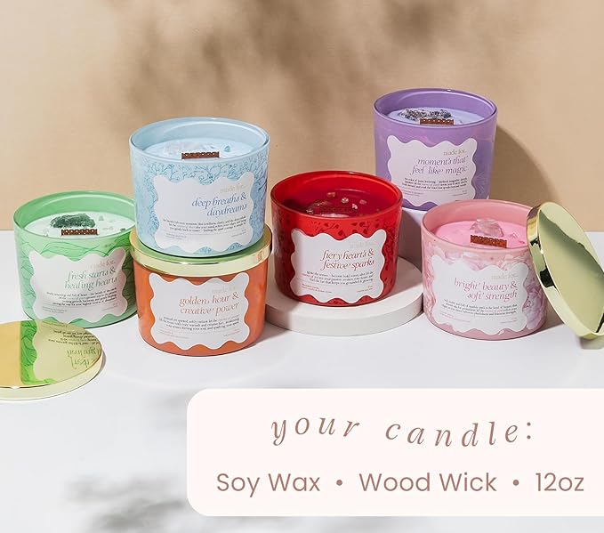 Orange Crystal Candle for Women – 12oz Large Luxury Soy Wax with Crackling Wood Wick, Slow Burn Meditation with Healing Crystals, Birthday or Mother’s Day Gift