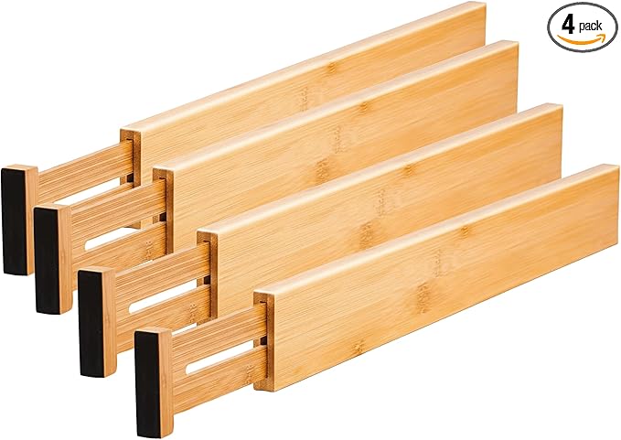 Adjustable Drawer Dividers 4 Pack, 17.5 to 22 inch Length, 2.4" Height – Expandable Bamboo Kitchen Drawer Organizers, Spring Loaded Wooden Drawer Separators for Dresser, Cabinets & Bedroom