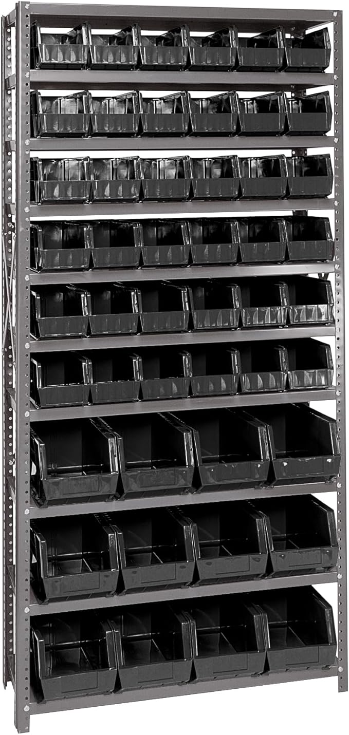 Quantum Storage Systems QSBU-230240BK Giant Open Hopper Steel Shelving System, 12" D x 36" W x 75" H, with 10 Shelves and 36 QUS230 and 12 QUS240 Bins, Black