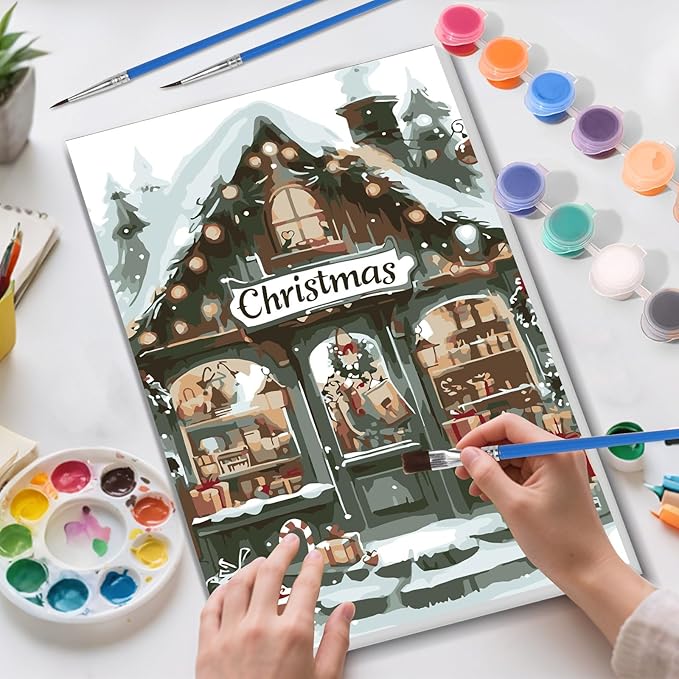 Skyboda Christmas Shop Paint by Numbers Kit for Adults Beginners with Frame, Christmas Adult Paint by Number Kits on Canvas, Easy DIY Oil Painting Kits for Home Decor, 8x12in