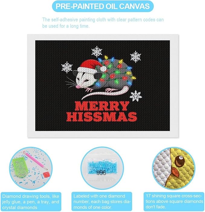 AIVKIEJK Diamond Painting Kits for Adults - Christmas Possum Merry Hissmas Painting DIY 5D Full Drill Diamond Dots Paintings with Diamonds Gem Art and Crafts Home Decor 8"x12"