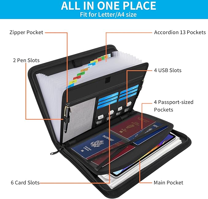 Andyer Fireproof Accordion File Organizer with Lock, Important Document Organizer Holder with Handle, 13 Pockets Expanding File Folder Binder, Portable Document Folder Storage for Business Travel