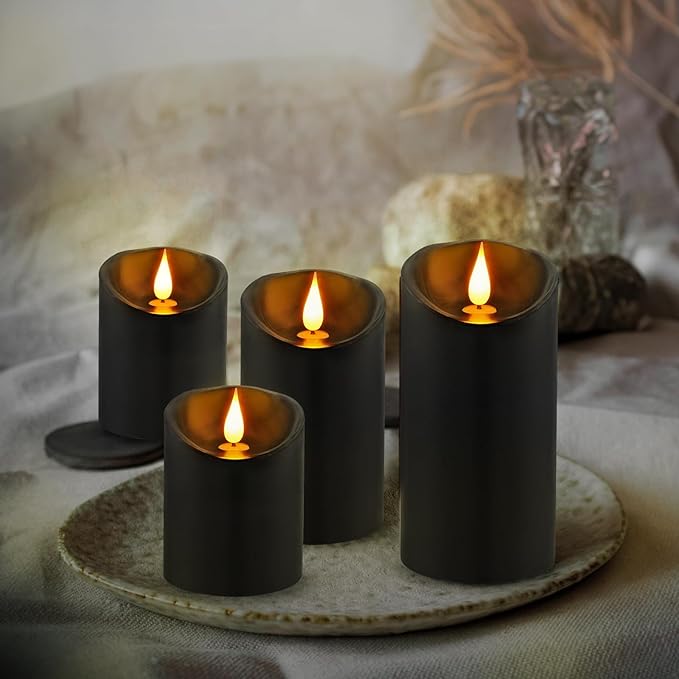 ALED LIGHT Black Real Wax Rechargeable Candles Flickering Realistic,Flameless Candles Rechargeable with Remote for Home Decor Idea Gift，Pack 3(D 3”X H 4”5”6”)