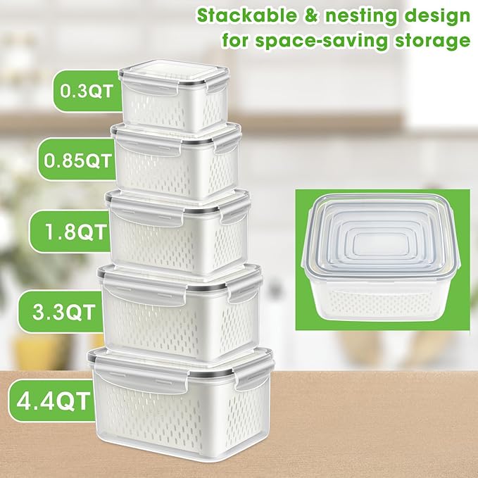 TBMax Fruit Storage Containers for Fridge Organizers and Storage, 10 Pieces Large Produce Saver with Airtight Lid & Colander for Berry Lettuce Salad Vegetable Storage, Refrigerator Organizers