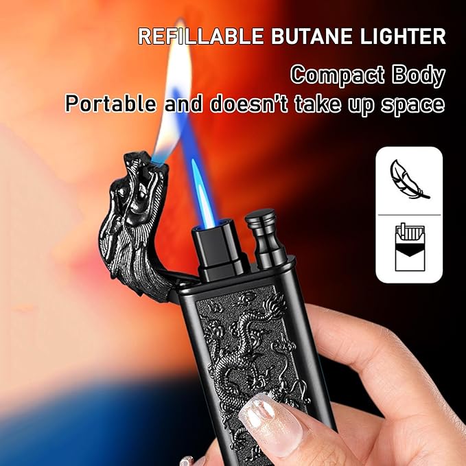 Torch Lighter Magic Dual Flame Dragon Lighter, Windproof Adjustable Jet Flame and Soft Flame, Refillable Butane Torch Lighter for Candle, Kitchen, Camping, BBQ (Without Butane)-Gold