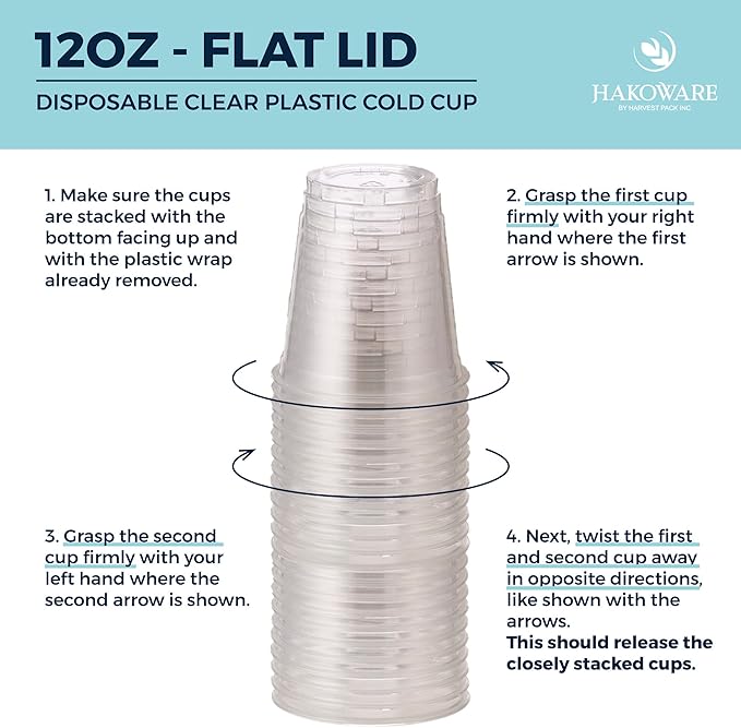 [1000 SET]HAKOWARE by Harvest Pack 12 oz Ultra Clear Plastic Cold Cups with Flat Lids, Disposable Wedding Party Drinking Cups Tumblers, Iced Coffee Beer Juice Cold Beverage