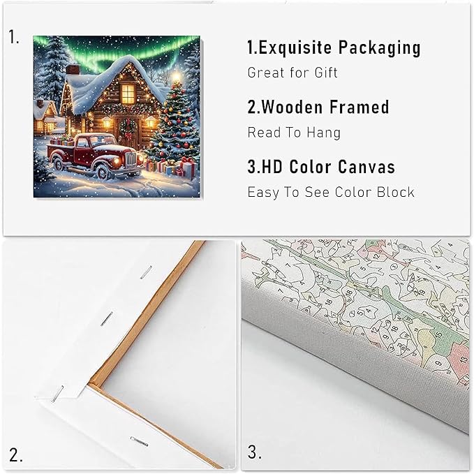 VIGEGU Christmas Paint by Numbers Kit for Adults with Framed,Winter Truck Christmas Tree House Aurora Landscape Paint by Number DIY Adult Paint by Number Kits for Wall Decor 12x12in