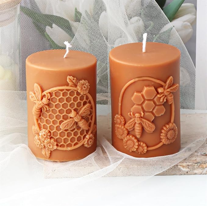 Bee Honeycomb Flower Cylinder Candle Mold, Honeybee Beehive Pillar Silicone Mold for Beeswax Candle, Soy Wax Candle, Plaster Ornament, DIY Crafts(B)