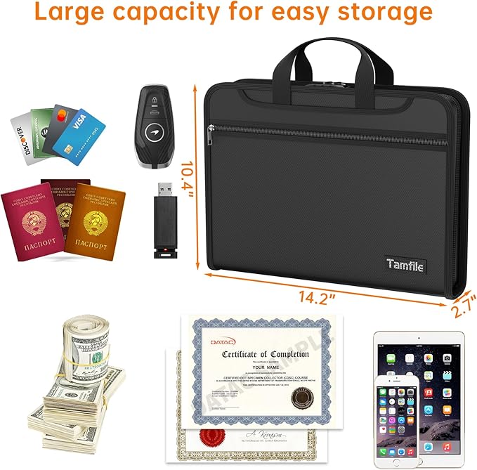 5200℉ Fireproof Accordion File Organizer with Lock, Thickened Document Organizer 13 Colorful Pocket with Labels, Important Document Organizer, Expanding File Folder with Handle for Letter A4 (Black)