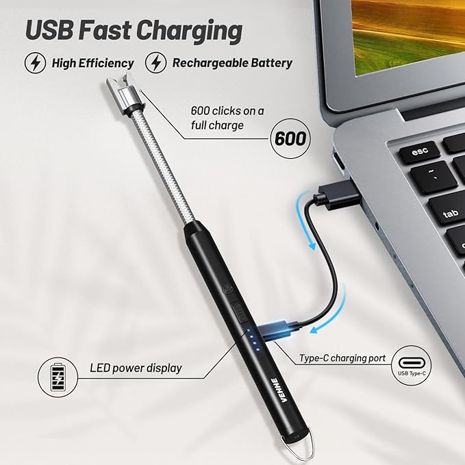 Electric Candle Lighter, Safty Lock, Long Flexible Neck, USB Type-C Port, Rechargeable Lighter, Windproof Flameless, Led Display, for Home Kitchen (Black)