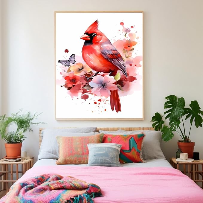 GUAIEUW Red Bird Tie-Dye Flower Diamond Painting Kit for Adults, Full Round Diamond Cardinal Bird 5D Diamond Painting DIY Art Crafts for Winter Home Wall Decor Holiday Gift 18x24 Inch