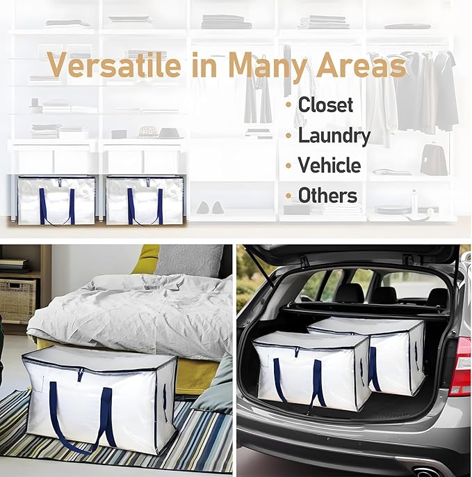 4 Pack Large Strong Moving Bags with Carrying Handles&Zippers, Fold Flat, Water-Resistant&Heavy Duty Storage Tote for Space Saving, Alternative to Moving Box (Semi-Transparent)