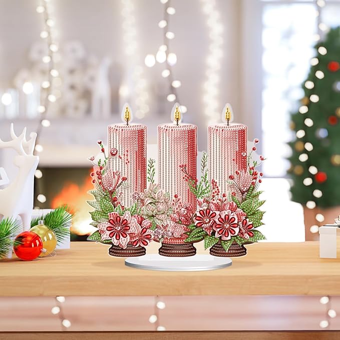 5D DIY Diamond Painting Tabletop Ornament Kits Pink Candle, Christmas Diamond Art Desktop Ornament, Special Shaped Crystal Rhinestone Diamond Art Table Top Home Office Christmas Decor (24x21.3cm)