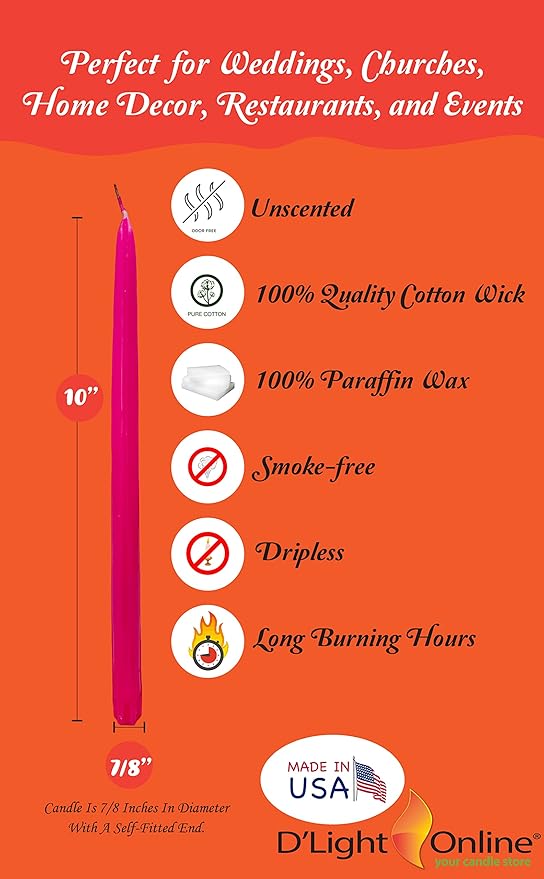 D'light Online Premium Quality Elegant 10" Berry Hot Pink - Fuchsia Taper Candles, Unscented, Hand-Dipped Tapered, Dripless and Smokeless - Set of 12 Individually Wrapped (10 Inch, Berry)