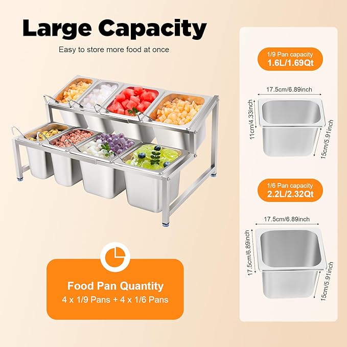 Expandable Spice Rack, Countertop Condiment Stand Holder with Pans and Lids,Stainless Steel Organizer Shelf for Seasonings Sauces Side Dishes Fruits Kitchen Pantry (4*1/9 Pans + 4*1/6 Pans)