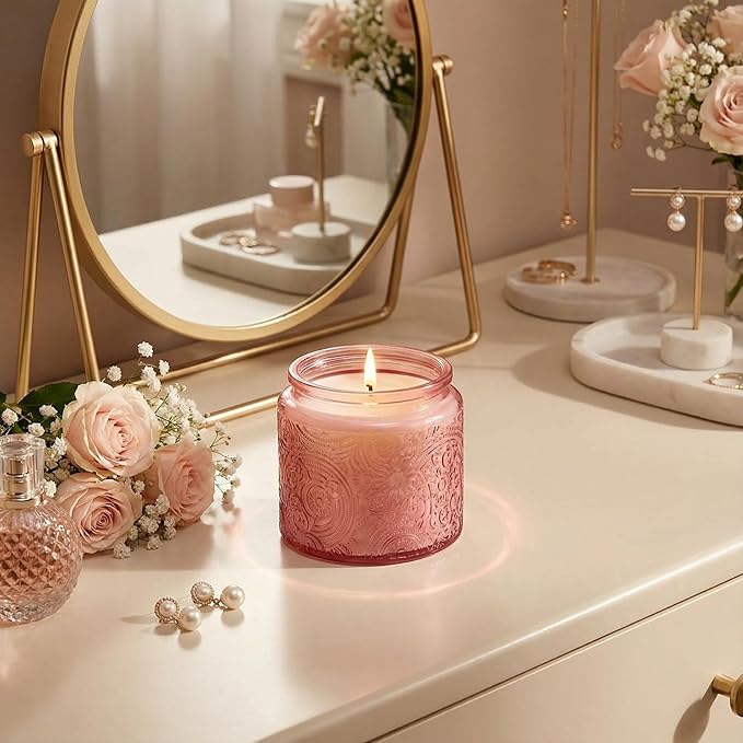 9-Pack 10 oz Sun Moon Star Embossed Glass Candle Jars with Mirror Lids and Labels - Unique Pink Candle Containers with Lids for Candle Making