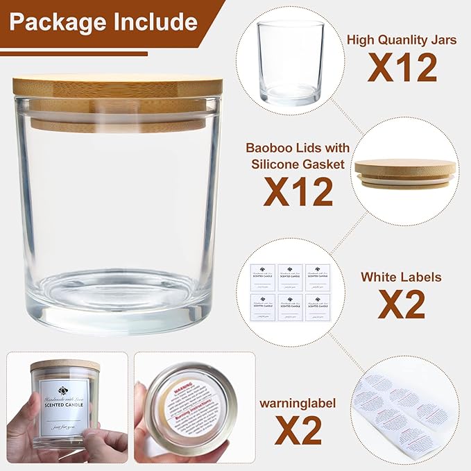CONNOO 12Pack 10 OZ Clear Glass Candle Jars with Bamboo Lids for Making Candles, Large Size Empty Candle Tins with Wooden Lids, Bulk Clean Candle Containers - Dishwasher Safe