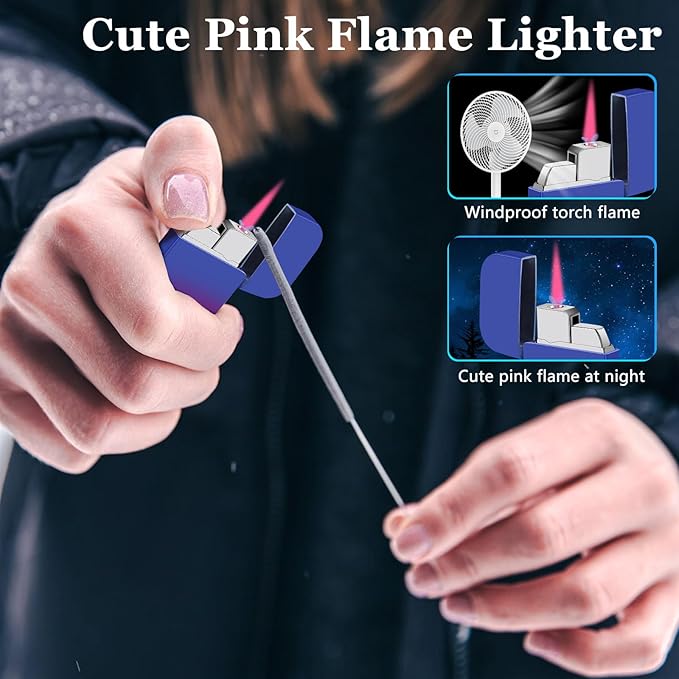 2 Pack Pink Flame Torch Lighter, Cute Lighter, Refillable Butane Lighter,Windproof Torch Lighter for Outdoor Camping BBQ,Nice Gift for Girls,Women on Birthday,Anniversary Red Blue,Without Butane