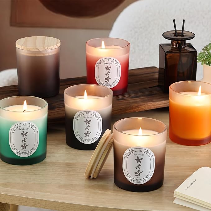REISEN 12Pcs Gradient Black Candle Jars for Making Candles, 10oz Glass Jars with Bamboo Lids, Candle Wick Kit and Sticky Warning Labels, Candle Containers Vessels for DIY Gifts