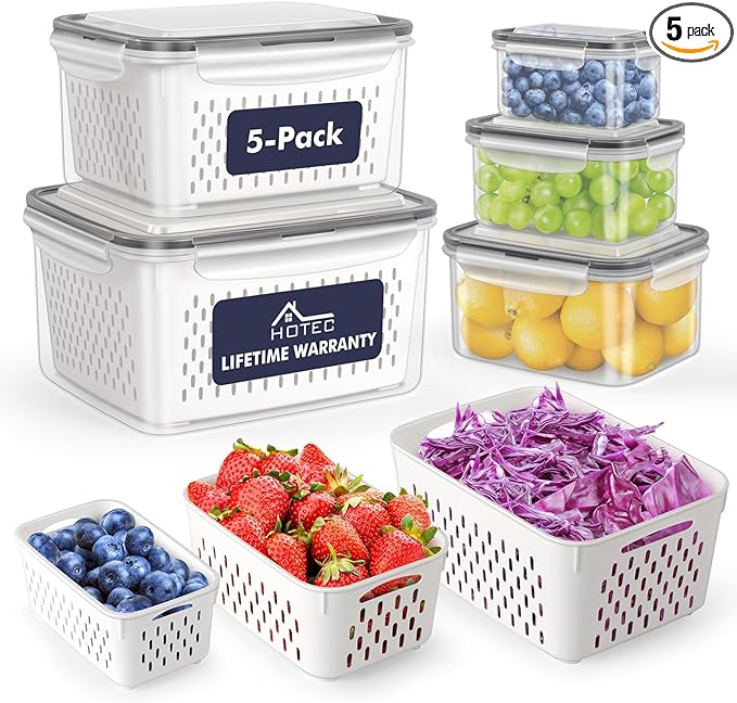 HOTEC 5-Pack Large Fruit Storage Container for Fridge Leak proof with Removable Colander, BPA Free Dishwasher & microwave safe Largest 4.15L