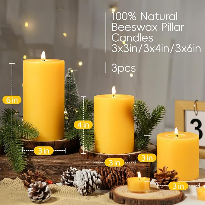 3 Pack Natural Beeswax Pillar Candles-213 Hours Long Burning,Natural Air Purifying Candle,Non-Toxic,Unscented Bees Wax Candle for Dinner Table Centerpieces,Spa,Meditation&Wellness (3x3,3x4,3x6in)