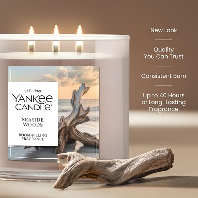 Yankee Candle Seaside Woods, Fall Scented Candle, 14.5oz 3-Wick Candle Jar with up to 40 Hours Burn Time