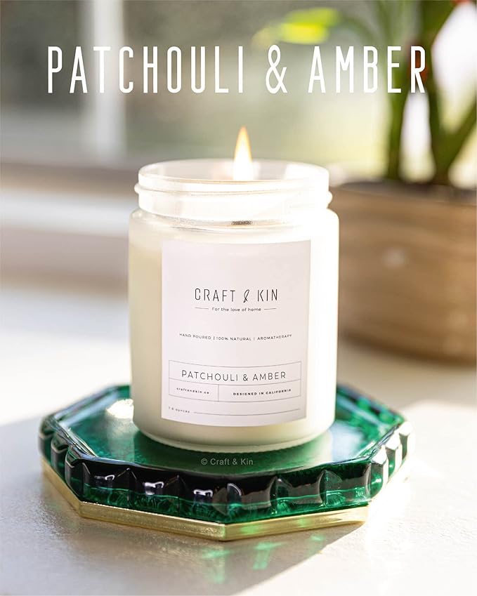 Craft & Kin Patchouli & Amber Scented Candle | 8 Oz, 45-Hour Long Lasting | Classic Soy with Woodwick Winter Candles | Made with Natural Soy | Holiday Candles Gifts for Men and Women