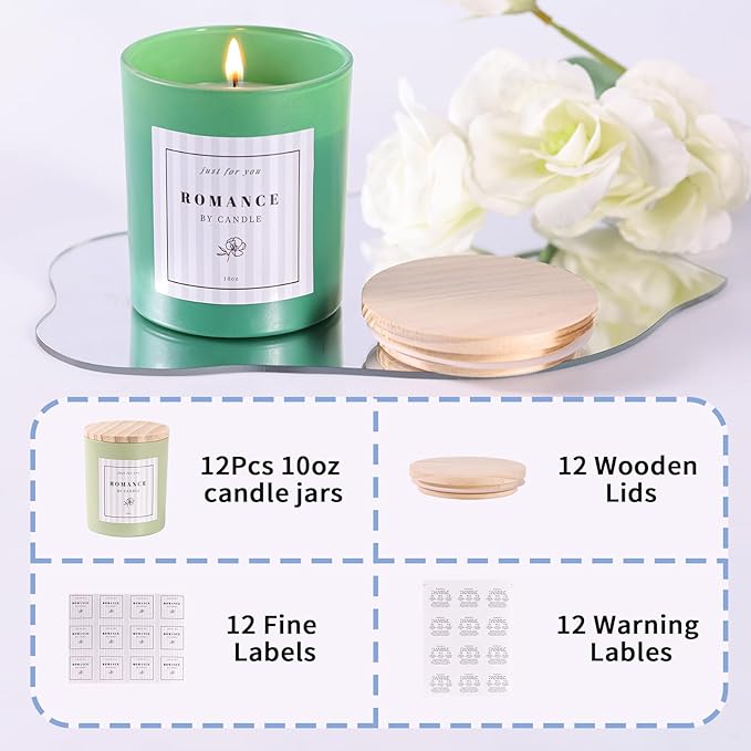 12Pcs Assorted Green Candle Jars for Making Candles, 10oz Empty Candle Jars with Bamboo Lids and Labels, Glass Candle Jar for Candle Making Supplies, Candle Containers for DIY Gifts