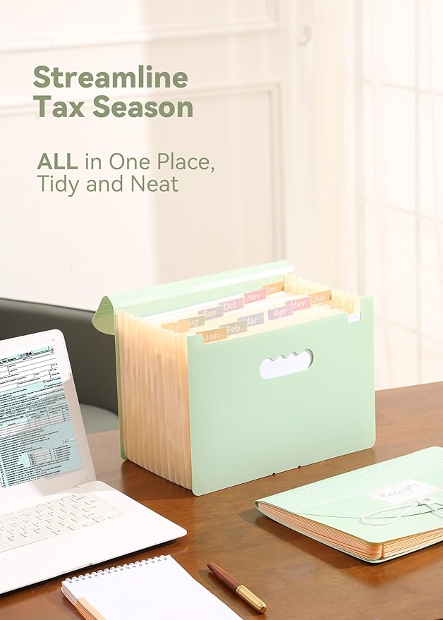 SortRax Accordion File Organizer 12 Pockets, Monthly Bill Receipt Tax Organizer, Expanding File Folders with Larger Bright Tabs, Fits Letter/A4 Size - Green