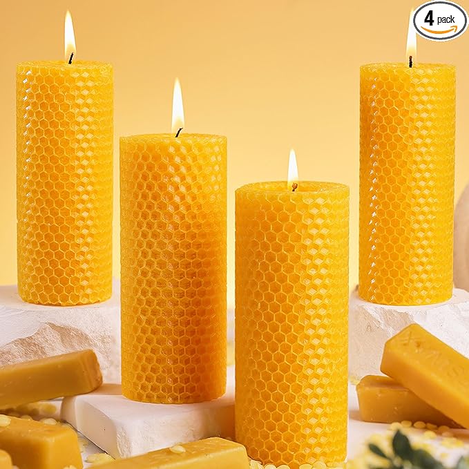 4 Pack Beeswax Candles, Pure Natural Beeswax Pillar Candles-80 Hours Long Burning,Organic Bees Wax Candles for Home,Paryer,Parties,Unscented Dripless Smokeless Beeswax Candle Bulk 2x5in