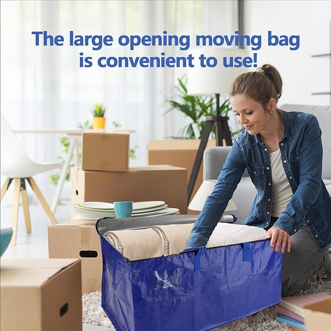 6 Pack Waterproof Moving Bags with Strong Zippers and Reinforced Handles, Real 100lb Capacity Extra Heavy Duty Large Storage Totes for Packing & Moving Storing, Alternative to Moving Boxes -95L,Blue