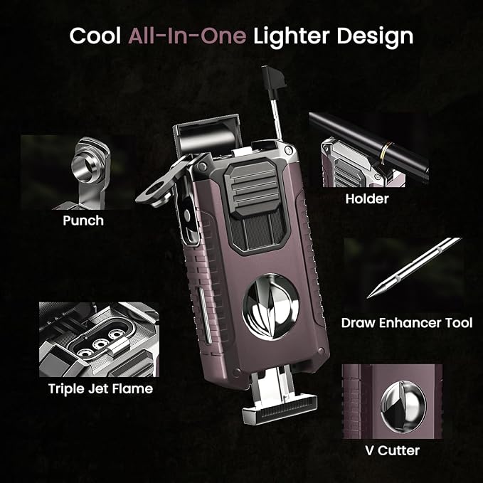 5-in-1 Butane Torch Lighter with Punch, Holder, Draw Enhancer and Tool, Windproof Triple Flame Lighters Gift for Men, Multifunctional Accessories Cool Lighters for Candles, Travel, Outdoor