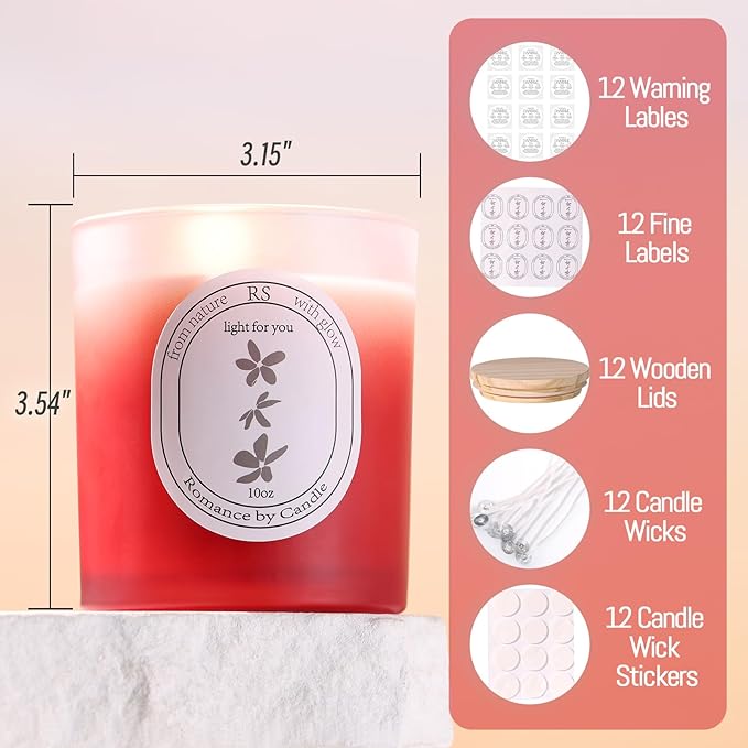 REISEN 12Pcs Gradient Red Candle Jars for Making Candles, 10oz Glass Jars with Bamboo Lids, Candle Wick Kit and Sticky Warning Labels, Candle Containers Vessels for DIY Gifts