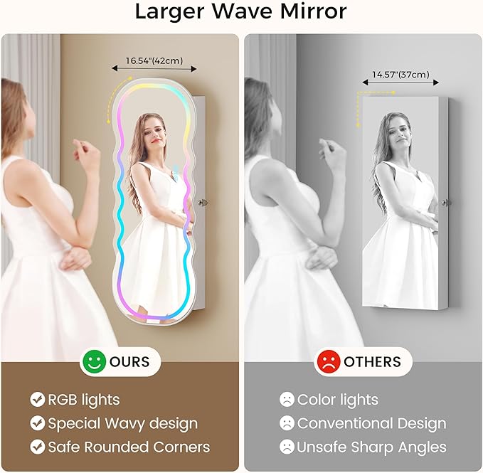Lvifur RGB Lighted Mirror Jewelry Cabinet,LED Wavy Wide Mirror with Storage, Wall or Door Mounted Jewelry Organizer with Interior Mirror,Lockable Jewelry armoire,Gift Ideal