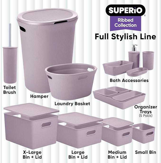 Superio Ribbed Collection - Decorative Plastic Basket Open Home Storage Bins Organizer, Large Lilac Purple (6 Pack) Container Boxes for Organizing Closet Storage Bins for Shelves 15 Liter/16 Quart