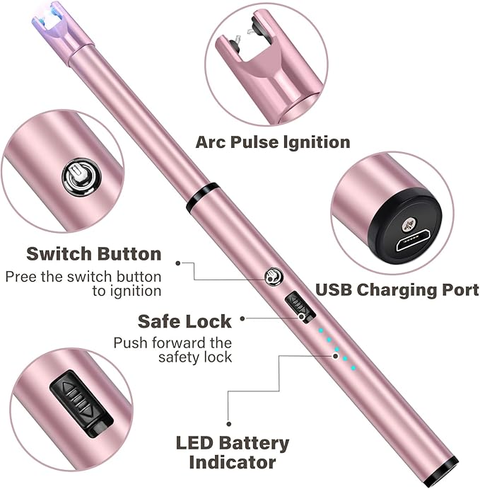 Navpeak Electric Candle Lighter Windproof USB Rechargeable Flameless Long Neck Lighter for Candles Gas Stove Fireplace BBQ Kitchen Grills (Pink)