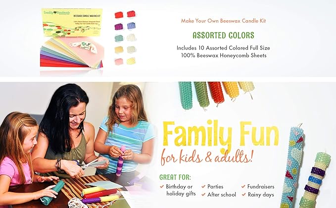Beeswax Candle Making Kit with 10 Full Size (16" x 8") Honeycomb Beeswax Sheets in Assorted Colors and 18 Feet of Cotton Wick - Candle Making Supplies for DIY Craft Kit Made in USA
