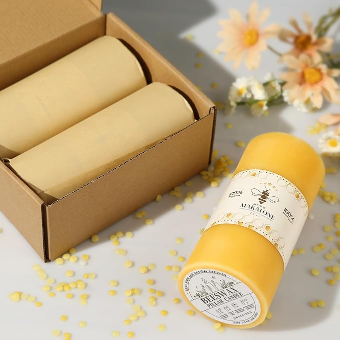 3 Pack Natural Beeswax Pillar Candles,100% Pure Beeswax Candles-285 Hours Long Burning,2.8x6in Unscented Bees Wax Candle for Home,Prayer,Emergency,Dripless Smokeless Organic Pillar Candle Bluk