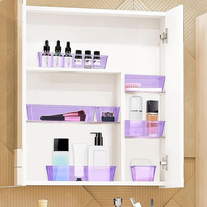 StorMiracle 25 PCS Drawer Organizer Set, 4 Varied Size Bathroom and kitchen Drawer cabinet organizer Trays, Clear Storage Bins for Makeup, Jewelry, Utensils and Gadgets， Purple