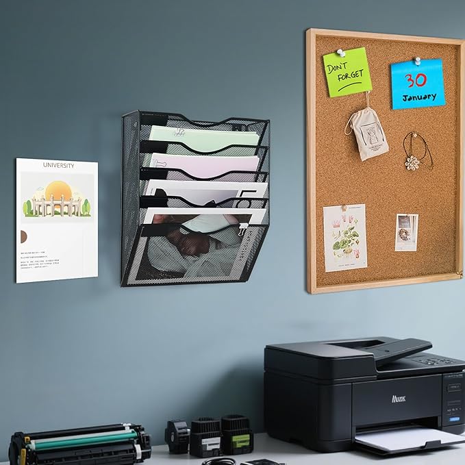 LEKETREE Hanging Wall File Organizer with Office Assorted, 5 Pockets Mesh Wall Mounted Hanging File Folders, Mail Organizer, Holder Rack for Mail, Paper, Document, Binder, Magazine, Menu (Black)