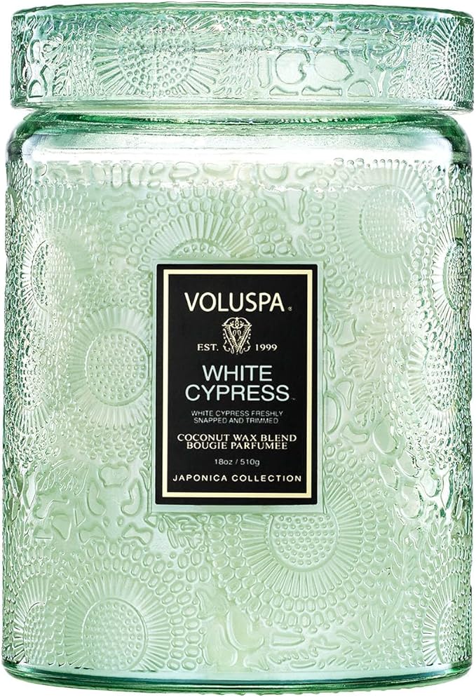 Voluspa White Cypress,Large Candle Jar,18 Ounce,100 Hour Burn Time, & Coconut Wax for Clean Burning,Handcrafted in The USA