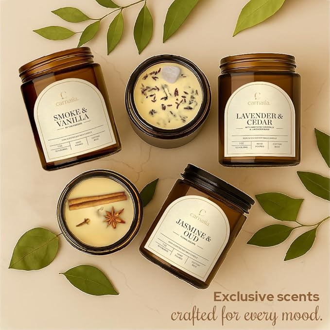 Carnatia Jasmine & Oud Scented Candle – 7 oz | 100% Soy Wax with Cotton Wick | 50 Hour Burn | Aromatherapy Candle for Home, Mood Lift & Relaxation | Gift for Women & Men