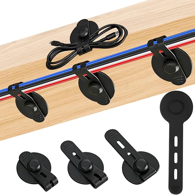8Pcs Silicone Cable Straps, Self Adhesive Cable Management Under Desk, Reusable Cable Clip, Wire Organizers for Cords, Cord Holder for Home, Kitchen, Office, Bedroom, Car (Black)