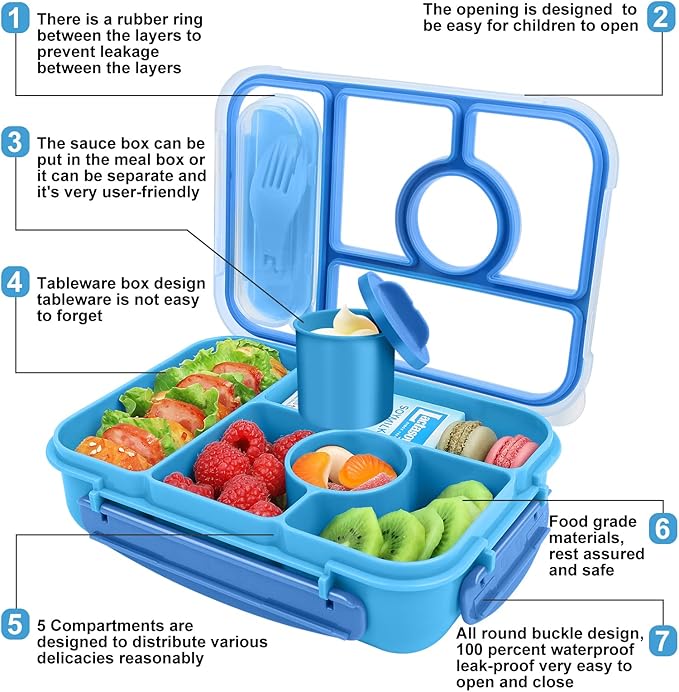 Lunch Box Kids,Bento Box Adult,Lunch Containers for Adults/Kids/Toddler,5 Compartments Bento Lunch Box with Sauce Vontainers,Microwave & Dishwasher & Freezer Safe,BPA Free(Blue)