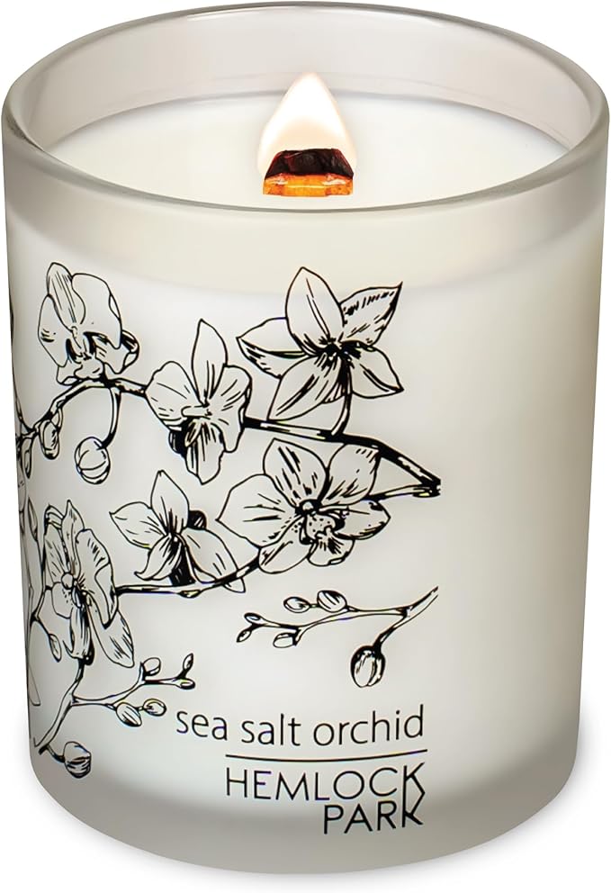 Hemlock Park Frosted Jar Wood Wick Candle Handcrafted with Natural Coconut Wax (Standard 7.2 oz, Sea Salt Orchid)