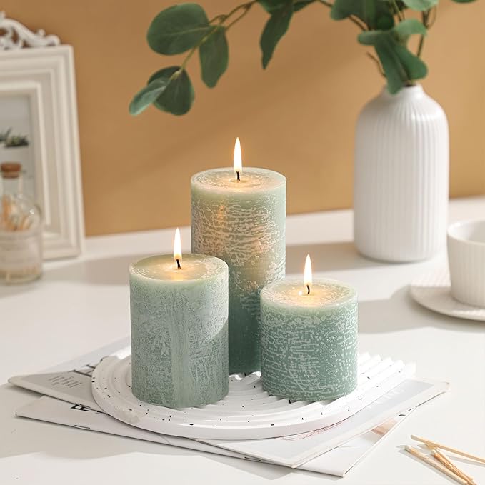 3x4 Inch Sage Green Pillar Candles - Set of 3, Unscented, Long Burning, Smokeless Dripless Candles for Spring Home Decor, Dinner Table, Bathroom, Rustic Decor