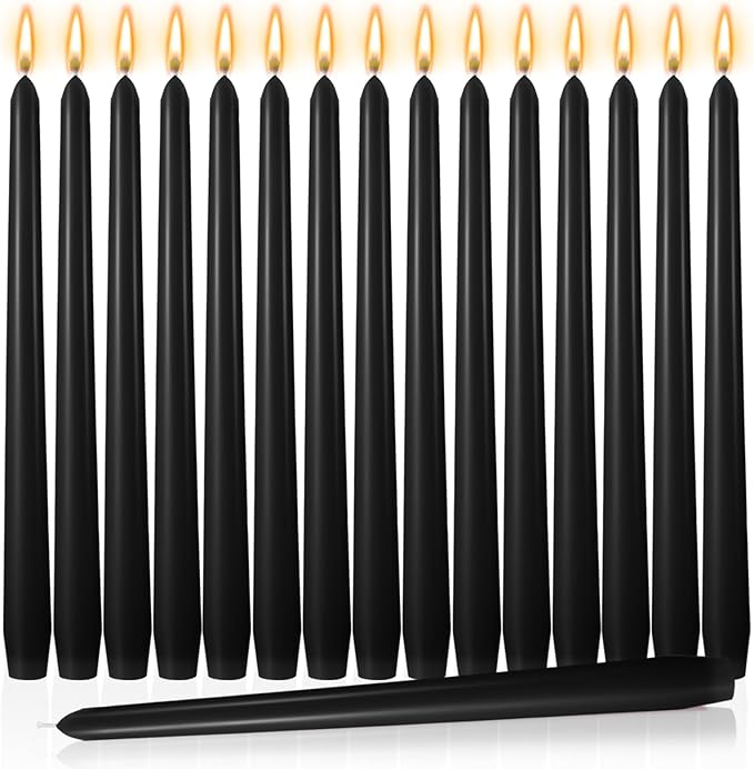 MTLEE 16 Pcs 10 Inch Long Tapered Candle Stick Bulk Smokeless Unscented Burning Candlestick Paraffin Wax with Cotton Wick for Valentine's Day Baby Shower Wedding Holiday Party Church (Black)